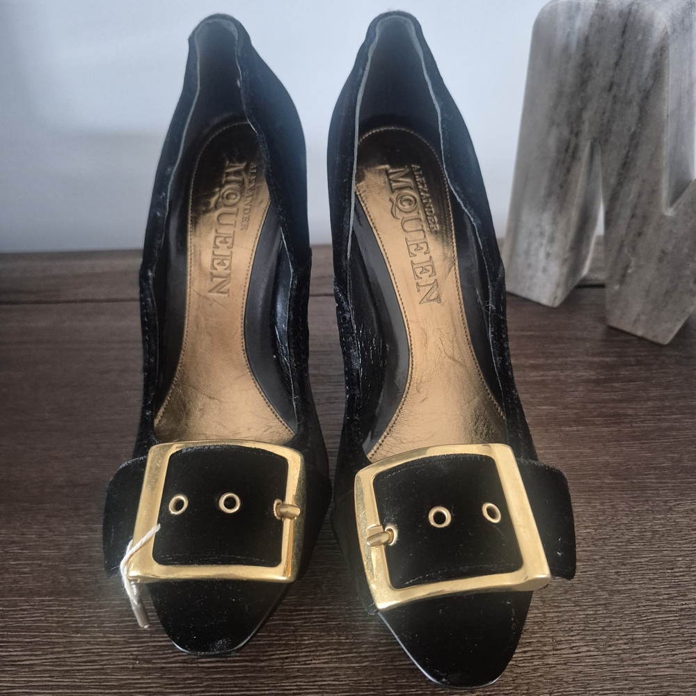 Alexander McQueen Black and Gold Buckle Heels